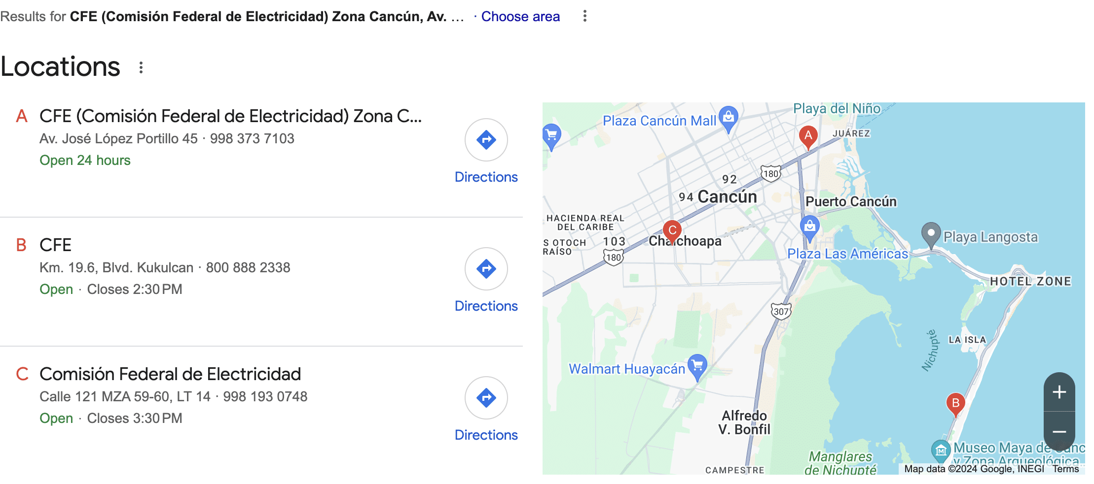 Google search results for CFE offices in Cancún.